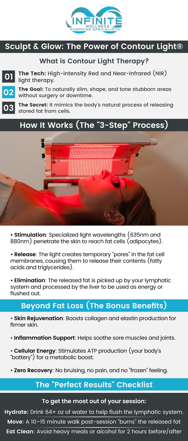 Contour Light Therapy is an FDA-cleared, non-invasive treatment designed to target stubborn fat and improve body shape. At Infinite Wellness Hormone Specialists, Dr. Vanessa Mack (Dean), a board-certified doctor, offers this innovative therapy to help you achieve your body sculpting goals. Contour Light Therapy works by stimulating fat cells to release their contents, leading to noticeable fat reduction and enhanced skin tone without the need for surgery. Experience this safe, effective solution for a more sculpted and confident you For more information, please contact us to schedule an appointment. We are conveniently located at 7373 N Scottsdale Road, Suite C140, Scottsdale, AZ 85253.