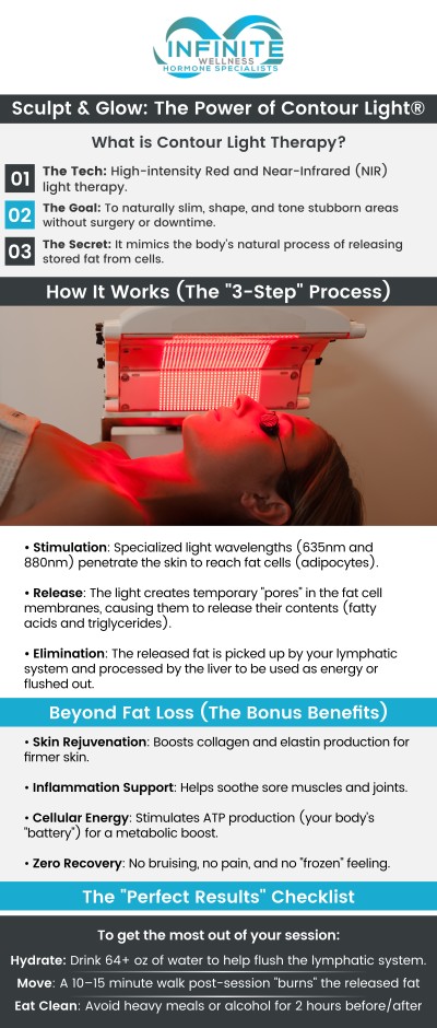 Contour Light Therapy is an FDA-cleared, non-invasive treatment designed to target stubborn fat and improve body shape. At Infinite Wellness Hormone Specialists, Dr. Vanessa Mack (Dean), a board-certified doctor, offers this innovative therapy to help you achieve your body sculpting goals. Contour Light Therapy works by stimulating fat cells to release their contents, leading to noticeable fat reduction and enhanced skin tone without the need for surgery. Experience this safe, effective solution for a more sculpted and confident you For more information, please contact us to schedule an appointment. We are conveniently located at 7373 N Scottsdale Road, Suite C140, Scottsdale, AZ 85253.