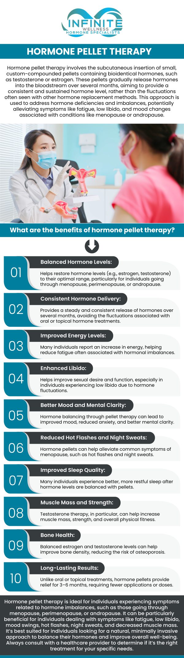 Hormone Pellet Therapy uses plant-based hormones to naturally replicate the body’s normal hormone levels. These pellets provide consistent and balanced hormone delivery for optimal results. Hormone Pellet Therapy offers numerous benefits and is an effective treatment for low or imbalanced hormones. Dr. Vanessa Mack (Dean), a board-certified doctor at Infinite Wellness Hormone Specialists, provides comprehensive and specialized care. For more information, contact us today or schedule an appointment online. We are conveniently located at 7373 N Scottsdale Road, Suite C140, Scottsdale, AZ 85253.