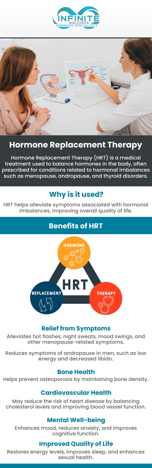Hormone Replacement Therapy (HRT) is a treatment used to restore hormonal balance and relieve symptoms associated with hormone deficiencies or imbalances. At Infinite Wellness, a board-certified doctor, Dr. Vanessa Mack (Dean) offers personalized Hormone Replacement Therapy (HRT) tailored to your specific health needs. The cost of hormone therapy typically ranges from $100 to $500 per month, depending on the type of therapy and treatment plan. The cost of HRT may vary based on the type of therapy, duration, and individual treatment plan. For more information, please contact us or book a consultation. We are conveniently located at 7373 N Scottsdale Road, Suite C140, Scottsdale, AZ 85253.