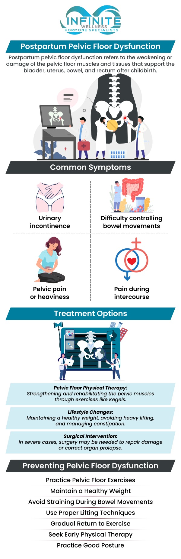 Pelvic floor dysfunction occurs when the muscles of the pelvic floor become weak, tight, or uncoordinated, leading to discomfort and difficulty with bodily functions. Dr. Vanessa Mack (Dean), a board-certified doctor, at Infinite Wellness Hormone Specialists, offers specialized treatments to address pelvic floor dysfunction, helping patients regain control and improve their overall health. With personalized care, our team uses a variety of therapies tailored to each patient's unique needs, ensuring effective and lasting results. For more information, contact us today or schedule an appointment online. We are conveniently located at 7373 N Scottsdale Road, Suite C140, Scottsdale, AZ 85253.